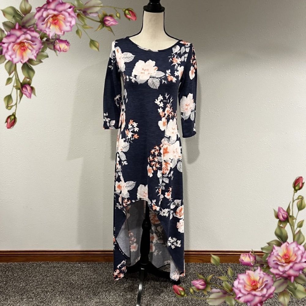 Hi-low navy floral dress‎